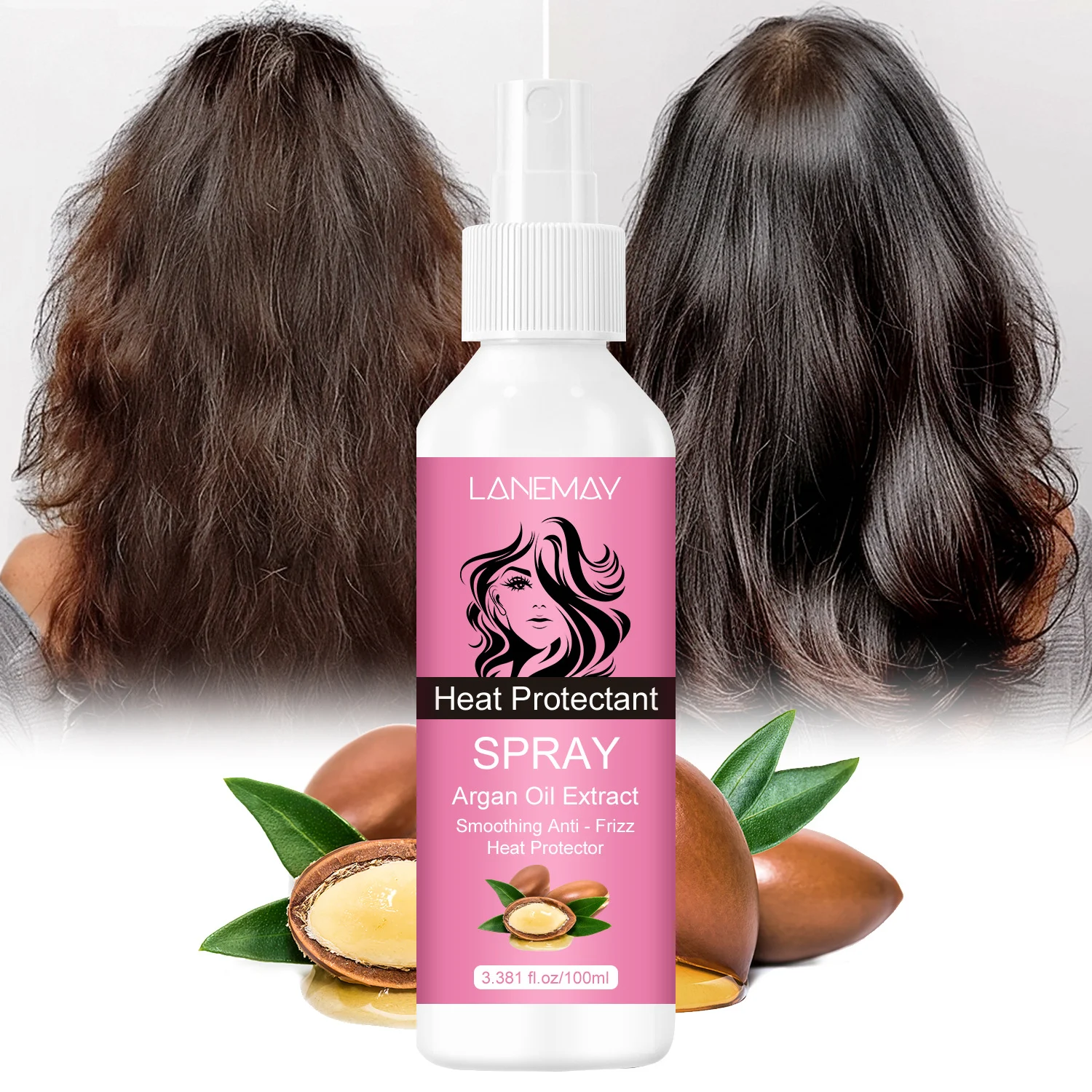 Argan Oil Heat Protectant Spray LANEMAY Smoothing Anti-Frizz Hair Mist 100ml