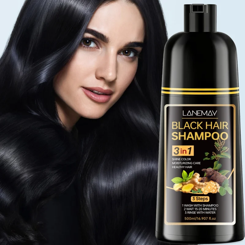 Black Hair Shampoo 3-in-1 Instant Hair Dye for Gray Coverage and Moisturizing Care, 500ml