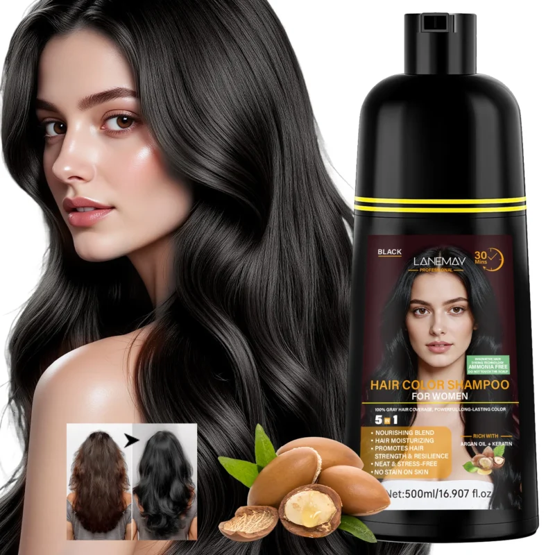 Black Hair Shampoo for Women LANEMAY 100% Gray Coverage with Keratin & Argan Oil 500ml