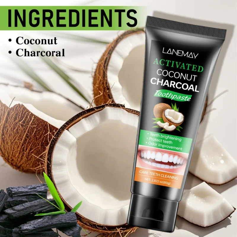 Activated Charcoal Toothpaste - LANEMAY Coconut Teeth Whitening & Breath Freshening - Enamel Safe Oral Care (80g)