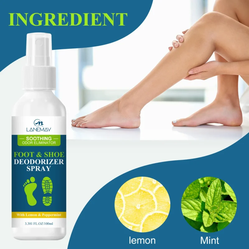 Foot Deodorant Spray - Soothing Odor Eliminator & Shoe Refresher with Lemon & Peppermint (100ml)