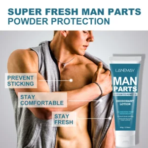 Men's Private Part Deodorant Lotion to Powder, Aluminum-Free Anti-Chafing Groin Cream, 72-Hour Odor Control for Underarms & Intimate Areas, 60g